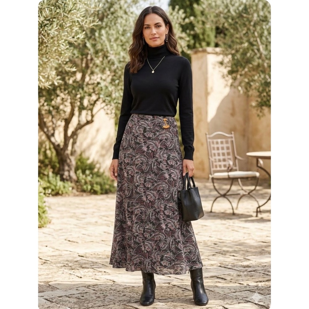 Paisley Maxi Skirt Womens M Black Mauve Buckle Detail Boho Office Fall Fashion